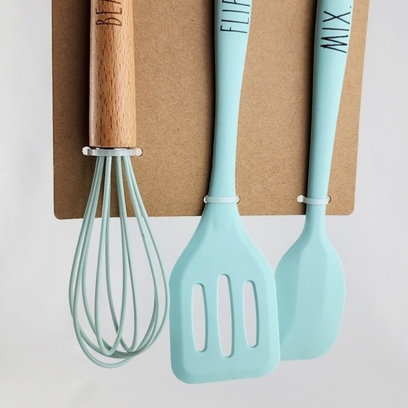 Rae Dunn Silicone Wood  3 Piece Blue Set Spatula Whisk Flipper BEAT. FLIP. MIX. - Picture 3 of 6